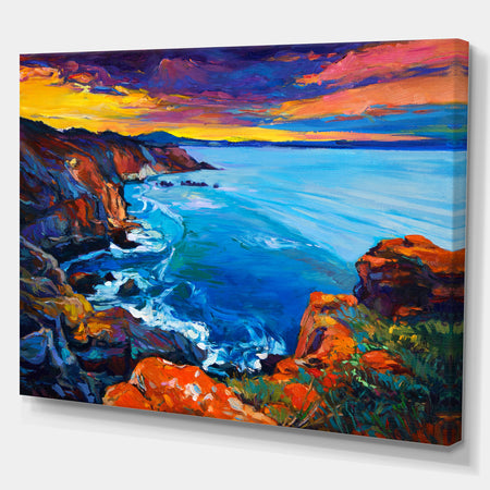 Rich Golden Sunset Over Ocean and Cliffs - Sea & Shore Painting Print on Wrapped Canvas