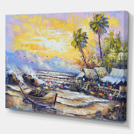 Old Fishing Boat in Pier - Sea & Shore Painting Print on Wrapped Canvas