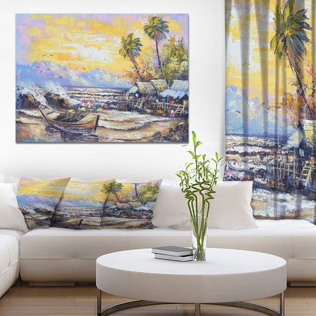 Old Fishing Boat in Pier - Sea & Shore Painting Print on Wrapped Canvas