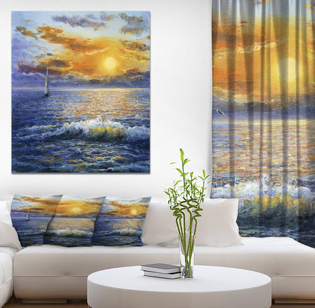 Sailboat in Beautiful Golden Sunrise - Sea & Shore Painting Print on Wrapped Canvas