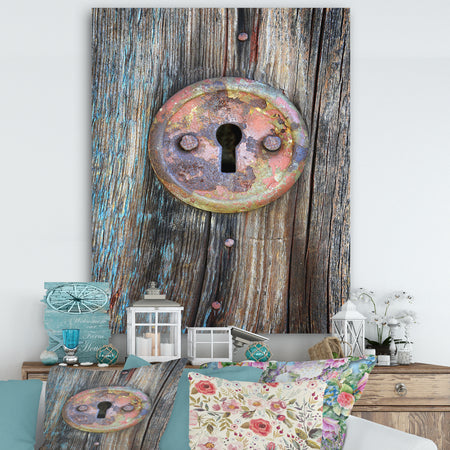 Colorful Rusty Keyhole on Wooden Door - Vintage Canvas Art