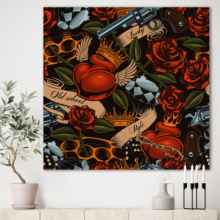 Old school tattoo pattern - Floral Gallery-wrapped Canvas