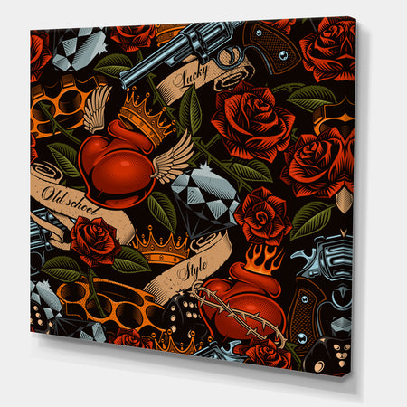 Old school tattoo pattern - Floral Gallery-wrapped Canvas