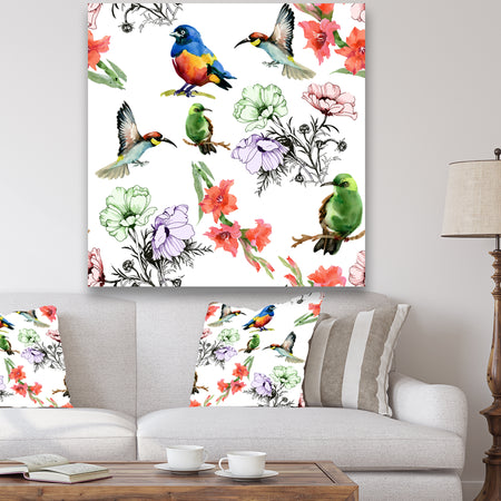 Hummingburds and Blosssoming Drawn Flowers - Floral Gallery-wrapped Canvas