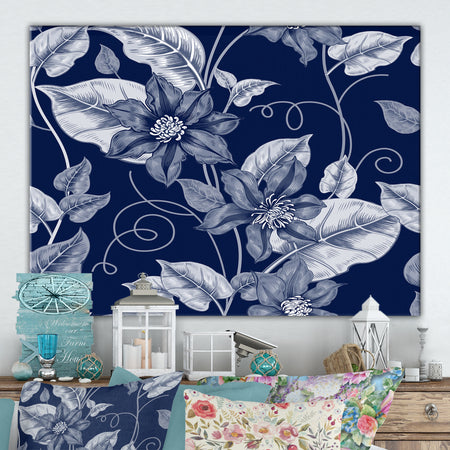Black and white pattern with flowers clematis. - Cottage Canvas Wall Art