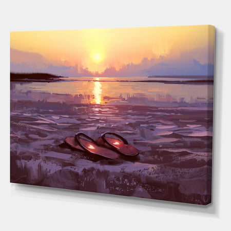 Flip flops with lovely hearts on the beach at sunset - Cottage Canvas Wall Art