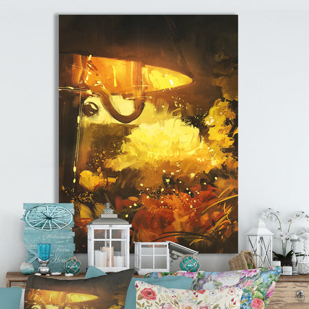Flowers and lamp glowing orange - Cottage Canvas Wall Art