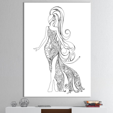 Handdrawn Stylish Woman in Beautiful Dress - Modern & Contemporary Canvas Artwork