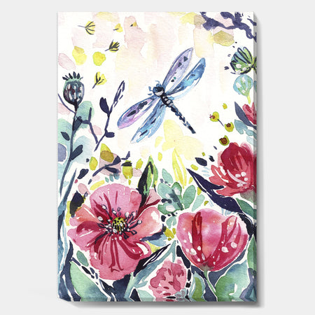 Dragonfly And Red Spring Flowers - Cottage Gallery-wrapped Canvas