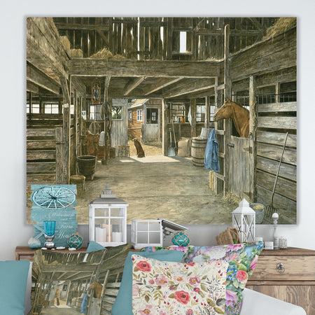 The Horse In The Barn And Dog In Doorway - Farmhouse Premium Canvas Wall Art
