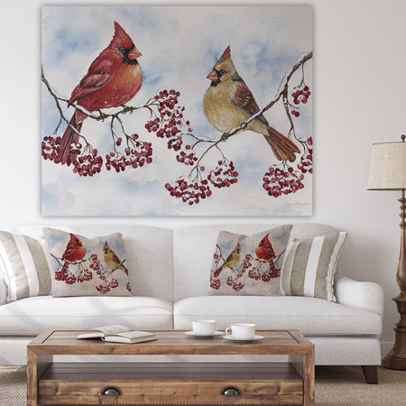 Two Cardinals And Snowy Winter Berries - Cottage Premium Canvas Wall Art