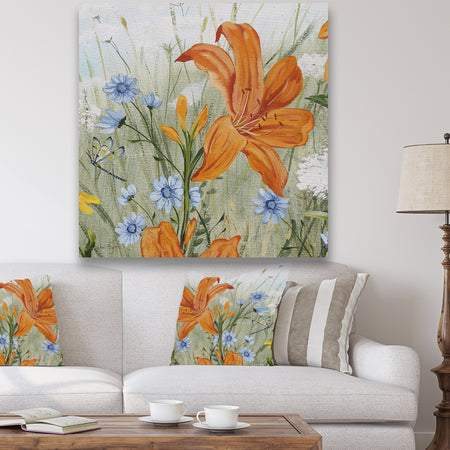 Orange Wildflowers In The Meadows I - Cottage Canvas Artwork