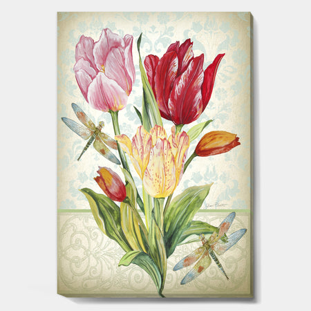 Yellow Pink And Red Tullip With Dragonflies - Cottage Premium Canvas Wall Art