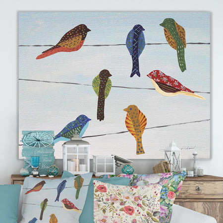 Lovely Colorful Birds On Wires 1 - Cottage Premium Canvas Wall Art