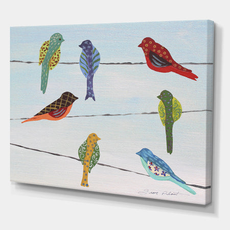 Lovely Colorful Birds On Wires 2 - Cottage Canvas Wall Art