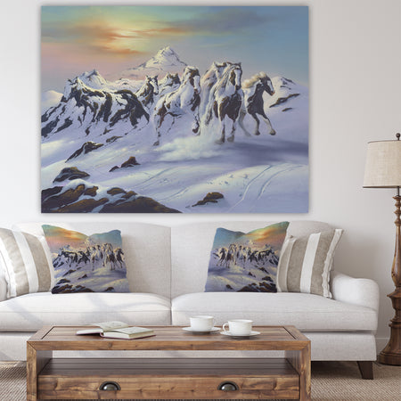 Horses In The Snow - Cottage Canvas Art Print