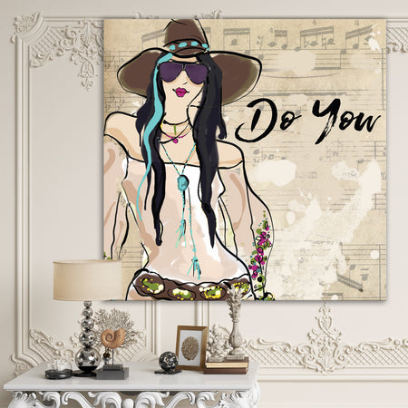 Hippy Girl On Old Style Music Score - Fashion Canvas Artwork