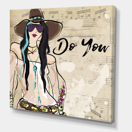 Hippy Girl On Old Style Music Score - Fashion Canvas Artwork