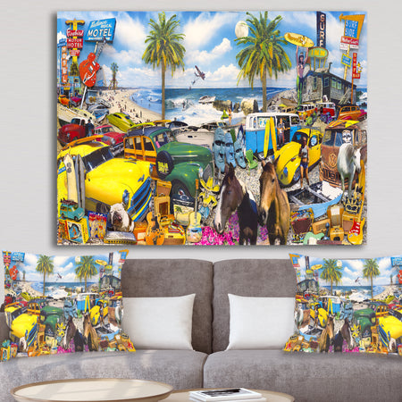 Classic Car Palm Beach Collage - Modern & Contemporary Canvas Art Print