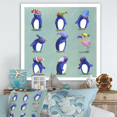 Eight Penguins And A Flamingo - Nautical & Coastal Canvas Artwork