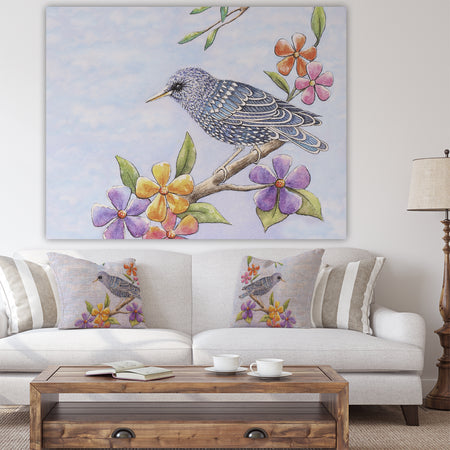 Starling Bird with Flowers - Cottage Canvas Art Print