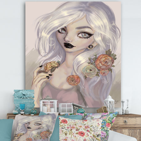 Fantasy Girl With White Hair And Orange Flowers - Cottage Canvas Wall Art