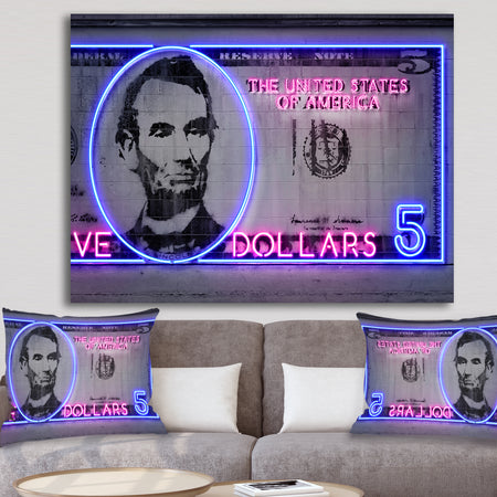 Neon Lincoln on Five Dollar Bill - Modern & Contemporary Canvas Art Print