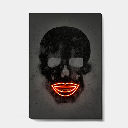 Smiling Red Lips Neon Skull - Modern & Contemporary Canvas Artwork