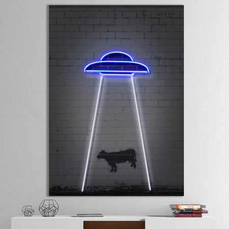 Neon UFO Abducting Cow - Modern & Contemporary Canvas Art Print