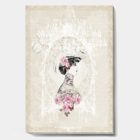 Woman on Pink Roses With White Chandelier - Cottage Premium Canvas Wall Art