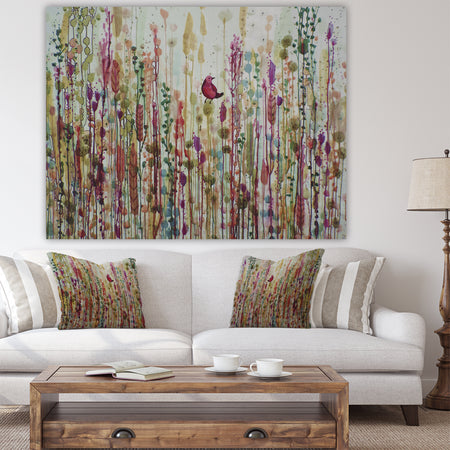 Red Bird In Color Meadow - Cottage Canvas Artwork