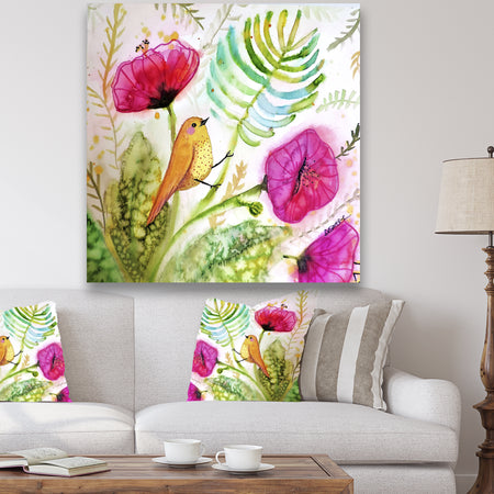 Watercolor Singing Bird On Purple Flowers - Cottage Gallery-wrapped Canvas