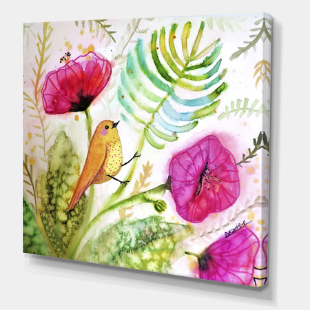 Watercolor Singing Bird On Purple Flowers - Cottage Gallery-wrapped Canvas