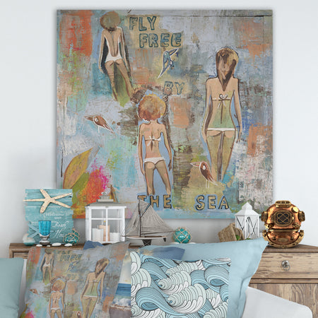 Three Nymphs Fly Free By The Sea - Nautical & Coastal Gallery-wrapped Canvas