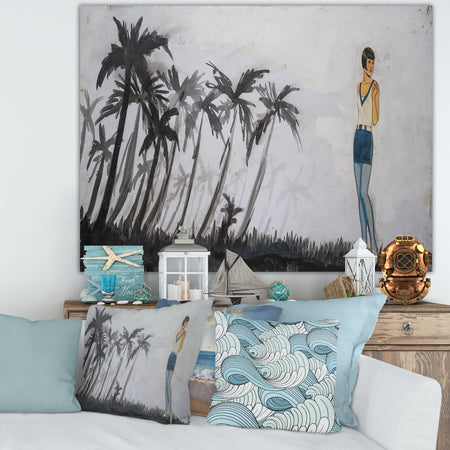Black Palm Trees And Blue Model - Nautical & Coastal Premium Canvas Wall Art