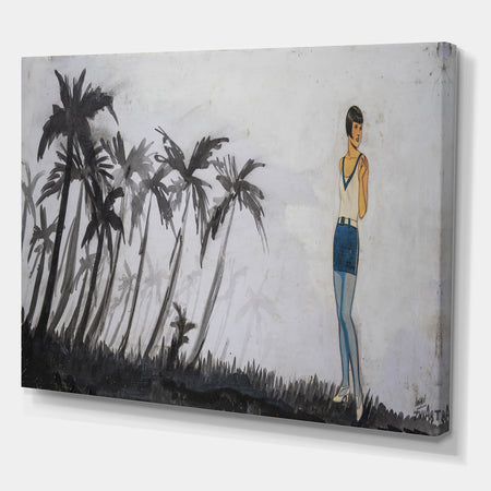 Black Palm Trees And Blue Model - Nautical & Coastal Premium Canvas Wall Art