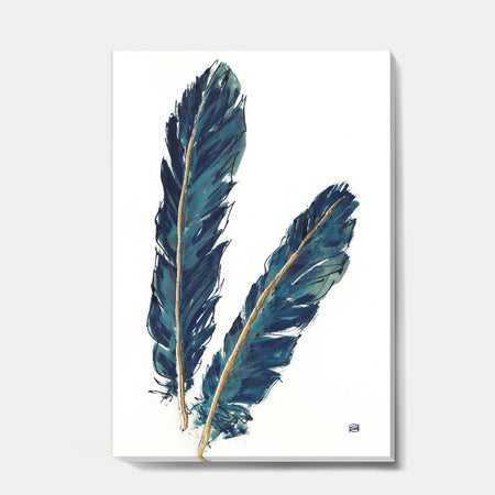 Gold Indigo Feathers IV - Modern Bohemian Canvas Artwork