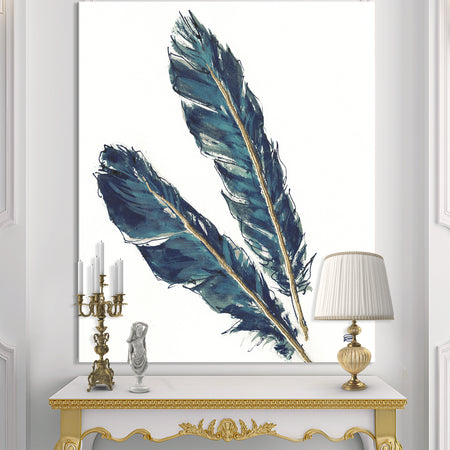 Gold Indigo Feathers III - Modern Bohemian Canvas Art