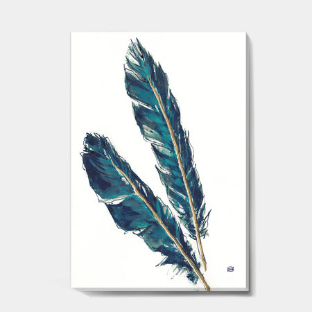 Gold Indigo Feathers III - Modern Bohemian Canvas Art