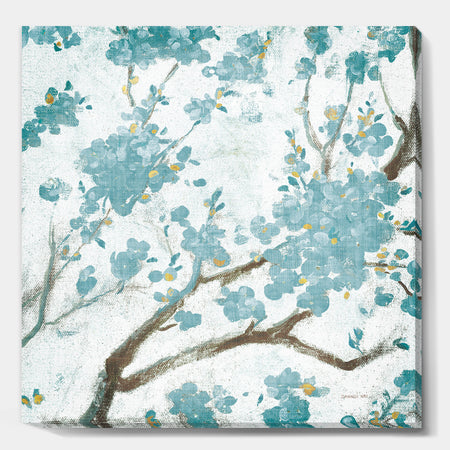 Teal Cherry Blossoms I - Traditional Floral Canvas Artwork