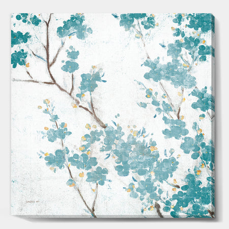 Teal Cherry Blossoms II - Traditional Floral Canvas Art