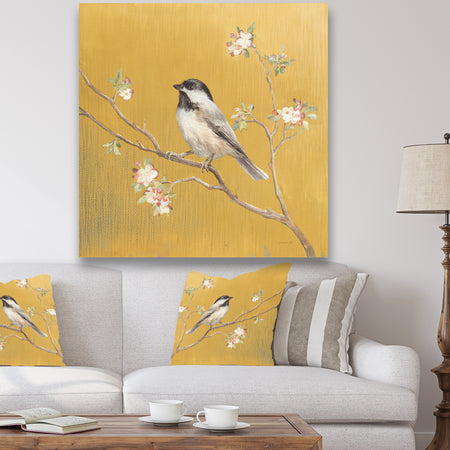 Gold Bird on Blossoms IV - Farmhouse Premium Canvas Wall Art