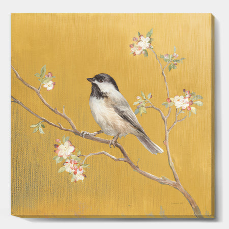 Gold Bird on Blossoms IV - Farmhouse Premium Canvas Wall Art