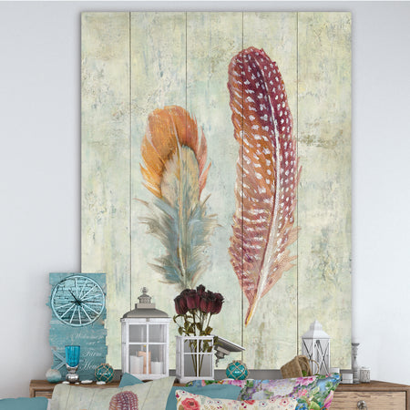 Natural Feathers on Wood II - Farmhouse Canvas Art
