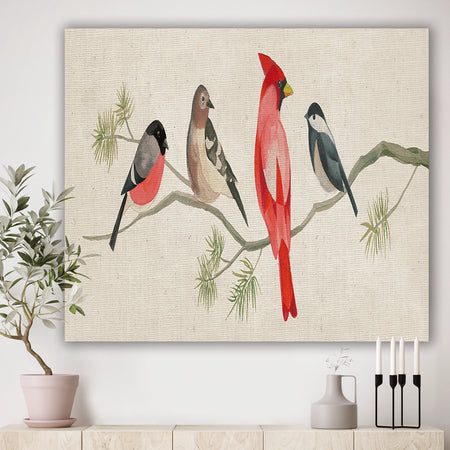 Chickadee And Red Farmhouse Bird on Branch - Modern Farmhouse Premium Canvas Wall Art