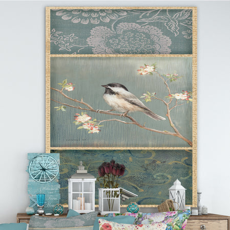 Farmhouse Triptych of Blue Ornaments And Chickadee - Farmhouse Gallery-wrapped Canvas