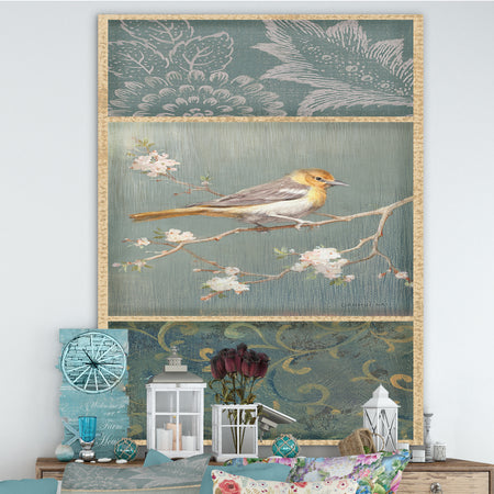 Farmhouse Triptych of Blue Ornaments And Oriole - Farmhouse Canvas Artwork