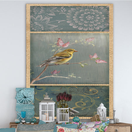 Farmhouse Triptych of Blue Ornaments And Chickadee Goldfinch - Farmhouse Gallery-wrapped Canvas