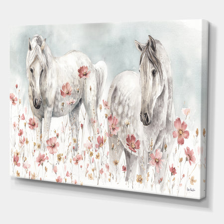 watercolors Pink Wild Horses - Farmhouse Premium Canvas Wall Art