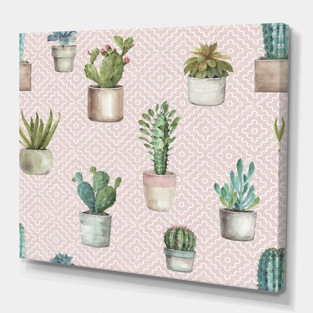 Potted Cactus on Pink Geometrical Pattern - Cottage Premium Canvas Wall Art